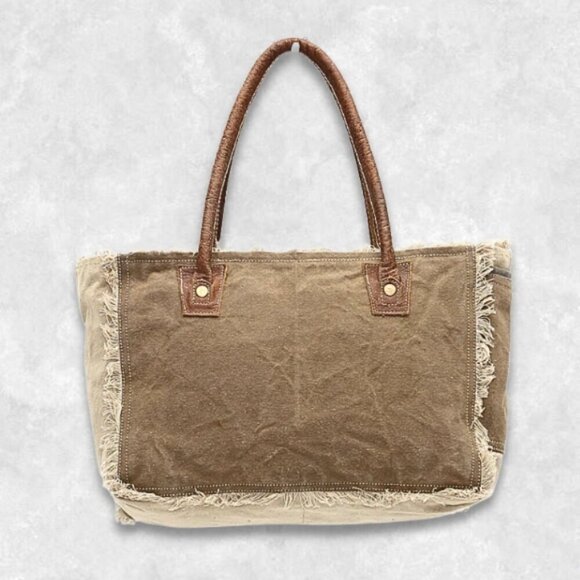 Myra Bag Sel De Mer Tote Bag Canvas Leather Frayed Edges Boho Brown/Cream W OS - Picture 3 of 14